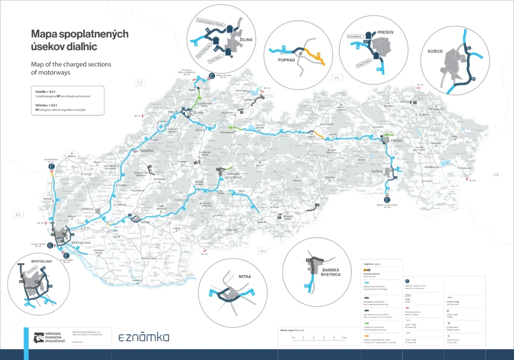 Mapa płatnych odcinków autostrad i dróg ekspresowych na Słowacji.
Winieta na Słowacji.