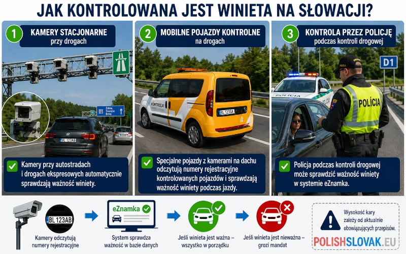 Kolaż przedstawiający trzy rodzaje kontroli ważności winiety – stacjonarne kamery nad jezdnią, mobilny pojazd kontrolny z kamerą na dachu oraz kontrola policyjna podczas kontroli drogowej.
Winieta na Słowacji.